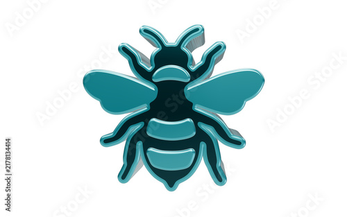 Quadro su tela 3D Teal Bee Icon: A stylized, metallic teal bee icon rendered in 3D, showcasing intricate details of its wings, antennae, and segmented body, floating against a clean background