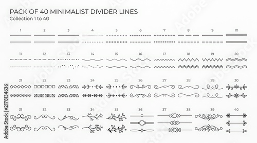 Minimalist divider lines pack of 40, decorative page breaks and borders, elegant black line separators for web and print design
