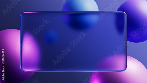 Glassmorphism Rectangular Frame Display Mockup with Floating Abstract Purple Spheres 3D Render