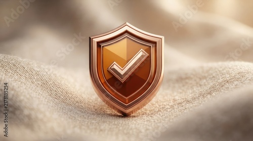Bronze metallic shield emblem with a central checkmark symbol representing security assurance and quality verification on fabric