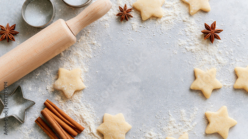 Vue de dessus de la préparation de biscuits de Noël : rouleau en bois, emporte-pièces, farine, pâte en étoiles et cannelle sur plan de travail gris