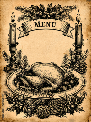 Carte de menu de Noël vintage : dinde rôtie en gravure noire, branches de houx, pommes de pin et bougies sur fond de parchemin, avec zone de texte au centre