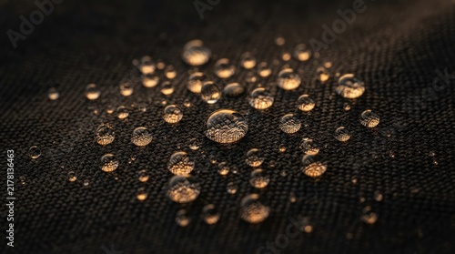 Close-up macro photography of clear water droplets sitting on a dark water-resistant textile fabric surface showing waterproof material properties