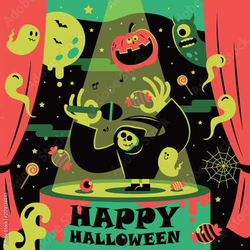 Grim Reaper host singing with a microphone on stage under a spotlight with a jack-o'-lantern and cute ghosts. For Halloween party invitations, event posters, and holiday marketing materials.