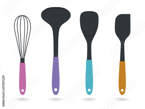 Colorful kitchen utensils set on transparent background