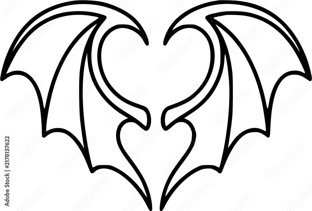 Fototapeta premium Bat Wings Heart Shape Hand Drawn Cute Spooky Tattoo Style SVG Vector Illustration