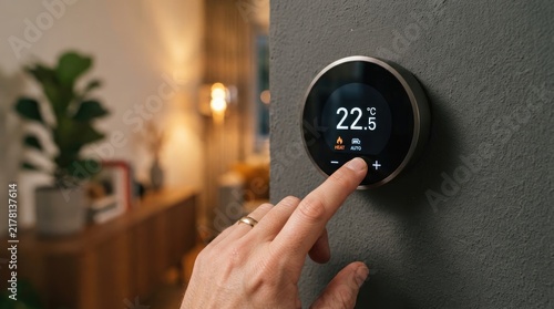 Digital smart thermostat mounted on a textured grey wall being adjusted by a human hand for precise home climate control