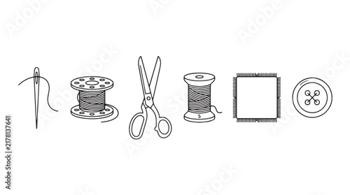 Minimalist sewing icons set, black and white tailor tools vector, needle and thread spool illustrations, craft equipment collection