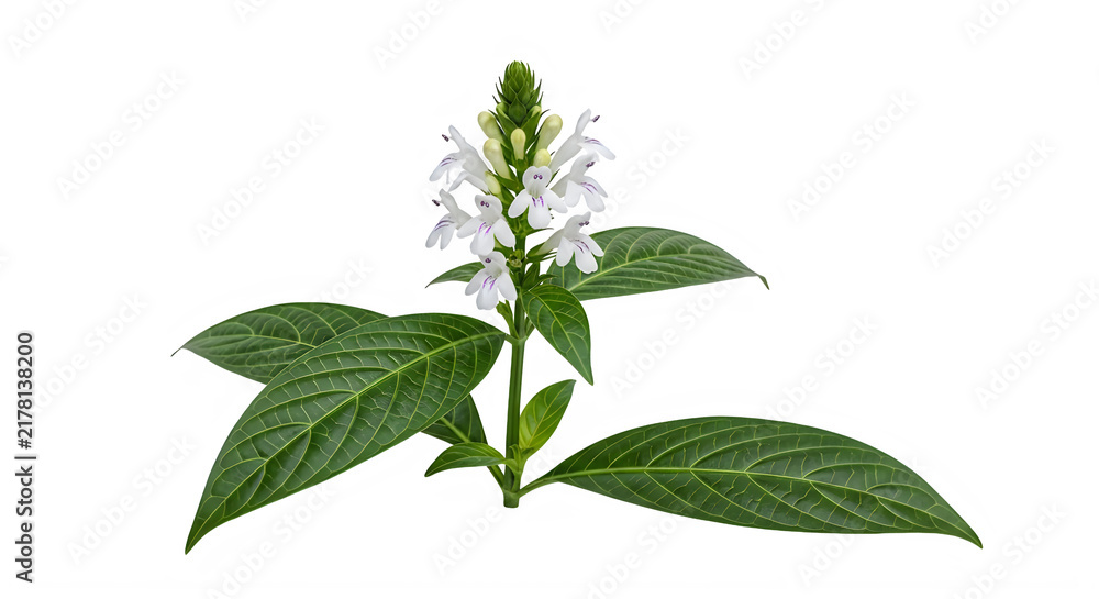 Fototapeta premium Fresh basil plant with white flowers isolated on transparent background