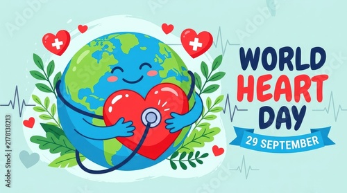 World heart day illustration with a cute earth character holding a heart and stethoscope
