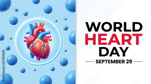 World heart day concept with 3d anatomical heart illustration and blue spheres background