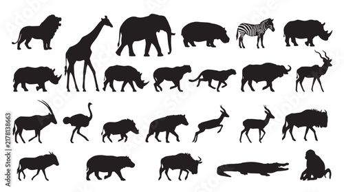 Photography African safari animal silhouettes, set of 23 black wildlife icons