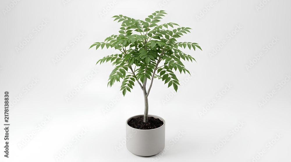 Obraz premium Minimalist green houseplant in a white ceramic pot on a white background.