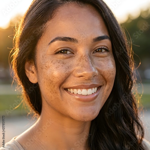 Young Latina Woman With Freckles and Glowing Olive Skin