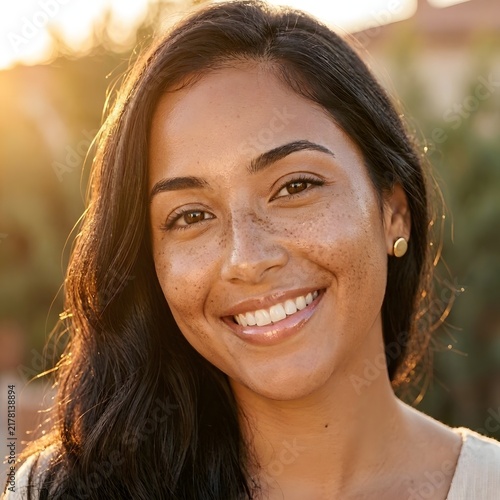 Young Latina Woman With Freckles and Glowing Olive Skin