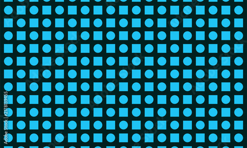 Cyan blue geometric pattern background with seamless circle and square grid on dark background