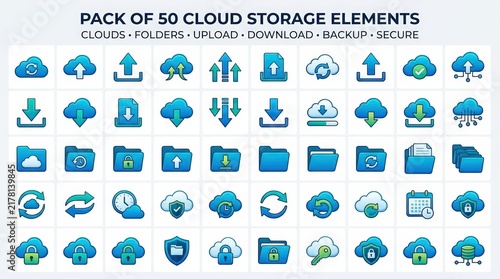 Cloud storage elements pack of 50 blue icons. Digital backup and upload symbols. Secure data folder and download graphics for web design.