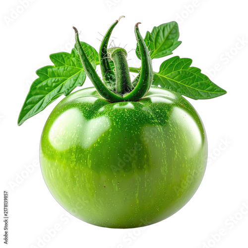A close-up studio shot of a single unripe green tomato with leaves against a black background.