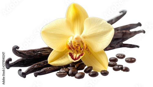 A delicate yellow orchid rests beside dark vanilla beans and roasted coffee beans on a black background.