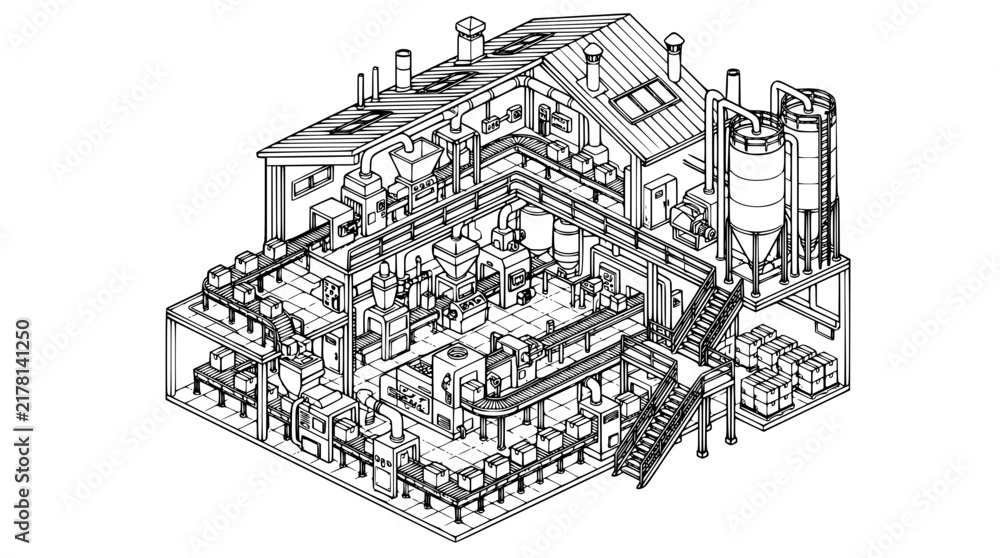 Fototapeta premium Isometric vector illustration of an automated factory production line facility