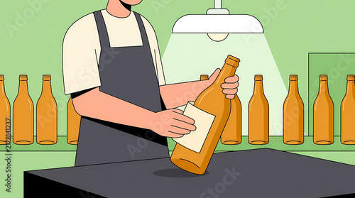 Worker carefully applying a blank label to a glass bottle in a production line