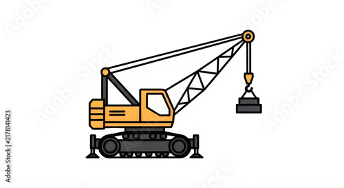 Yellow construction crane lifting hook with tracks isolated on transparent background