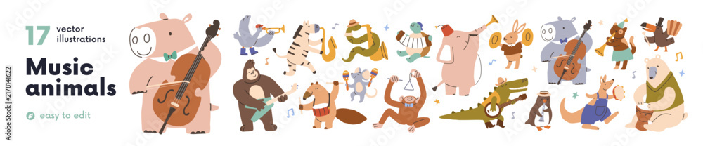 Fototapeta premium Cute animals with music instruments. Cute kid characters, animals playing music instruments, dancing. Bear, hippo, crocodile and mouse musicians, baby characters set. Flat vector illustration isolated