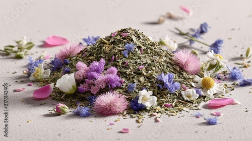Heap of dried herbal tea mixture with colorful flowers and petals on a plain surface