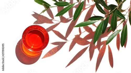 Glass of red liquid with olive branch shadows on white surface Drink Beverage