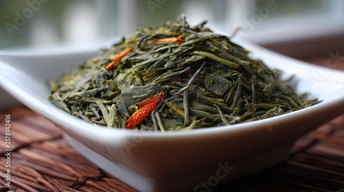 Green tea leaves piled high inside a small white bowl on a dark wooden table