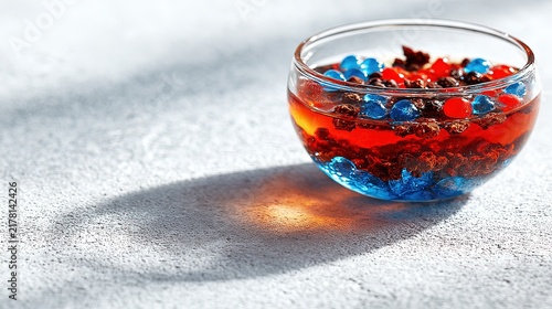 Glass bowl filled with colorful boba pearls and brown sugar syrup on a textured surface