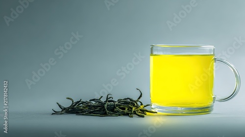 Glass cup filled with yellow green tea next to a pile of dried leaves on a grey surface