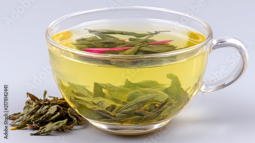 Glass cup filled with brewed green tea and dry leaves sitting on surface