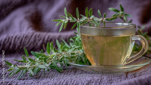 Glass cup of herbal tea with fresh rosemary sprigs on a purple textured fabric