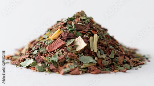 Pile of dried herbal tea leaves and various plant pieces on a white background