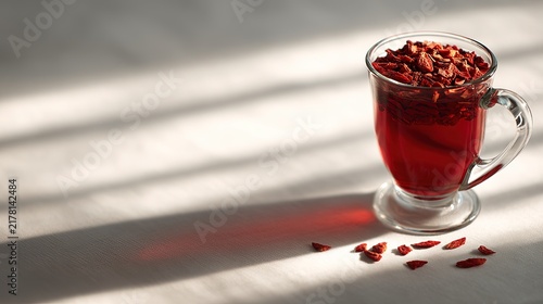 Glass mug filled with red herbal tea and dried goji berries on a light surface