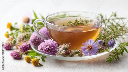 Glass cup of herbal tea surrounded by fresh wildflowers and green leaves on a white table