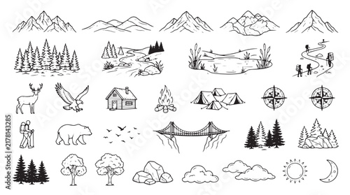 Minimalist mountain landscape icons, hand drawn outdoor adventure vector set, black and white nature camping elements for travel branding