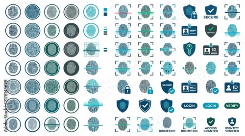 Biometric fingerprint icon set, digital security identity symbols, blue cyber authentication graphics for login and verification