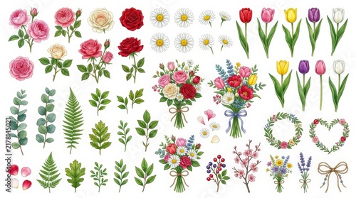 Vintage watercolor floral collection, botanical garden flower set with roses and tulips, hand painted spring blossoms and greenery