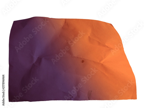 Wrinkled paper sheet with purple to orange gradient isolated on transparent background