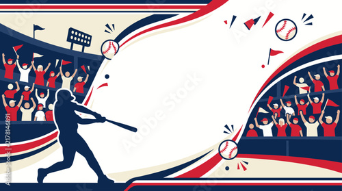 Dynamic Baseball Stadium Background Featuring Silhouetted Batter and Cheering Fans with Copy Space for Sports Event Promotion