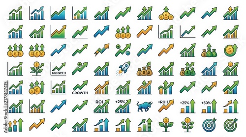 Financial growth icons set, 70 business data charts and arrows. Professional ROI analytics symbols, stock market bull and rocket graphics.