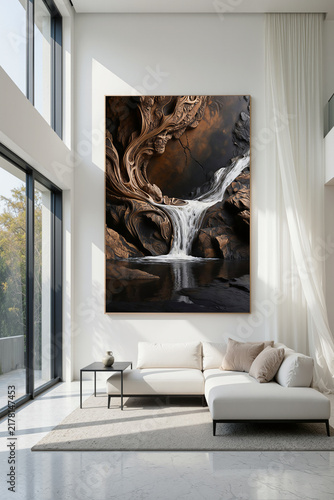 Interior design with large art piece of waterfall in modern living room with natural light