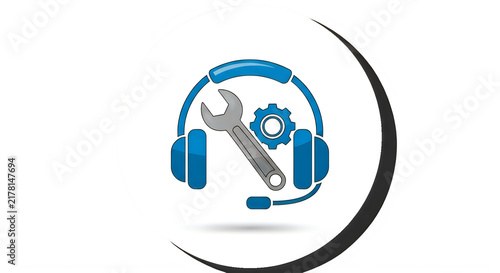 Support tech icon with headphones and tools isolated on transparent background