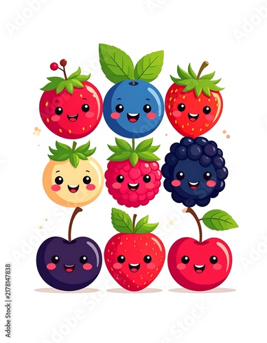 Colorful cartoon berries with faces and leaves vector illustration.