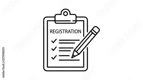 Graphic icon of a registration clipboard with checkmarks and a pencil, representing sign-up, form filling