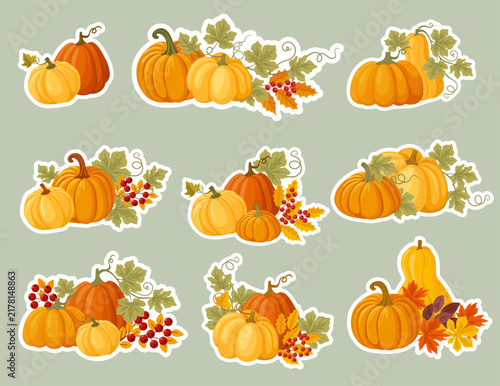 Autumn sticker set with decorative compositions of pumpkins, leaves and berries
