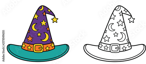 Cute cartoon witch hat with stars and moons coloring page for kids, colored example and outline vector illustration.