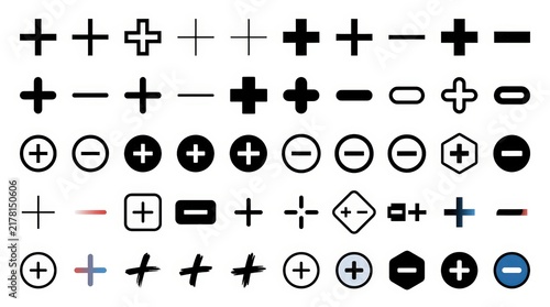 Minimalist plus and minus icon set, 50 mathematical symbols for UI design, black add and subtract signs on white background